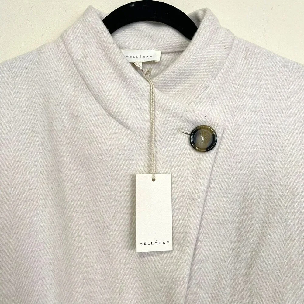 Melloday Herringbone Beige Wool Blend Pea Coat Size Large NWT